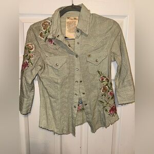 Miss Me Light Green Floral Embroidered Utility Jacket